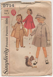1950's Simplicity Child's Flared Coat and Pants with Suspenders - Chest 23" - No. 2714