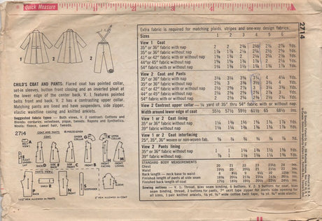 1950's Simplicity Child's Flared Coat and Pants with Suspenders - Chest 23" - No. 2714