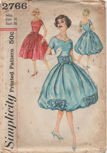 1950's Simplicity One Piece Fit and Flare Dress with Sweetheart neckline, Bell Skirt or Full Skirt - Bust 36" - No. 2766