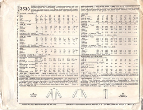 1980's McCall's Princess line Blazer and Pencil Skirt Pattern - Bust 34" - no. 3533