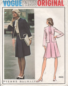 1970's Vogue Paris Original One Piece Dress with Drop Waist and Jacket - Bust 32.5" - No. 2845