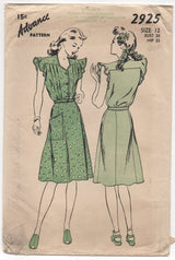 1940's Advance One Piece Dress with Tucked Blouse, Flutter Cap Sleeves and Pocket - bust 30" - #2925