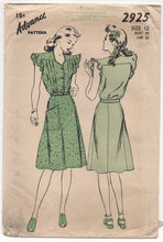 1940's Advance One Piece Dress with Tucked Blouse, Flutter Cap Sleeves and Pocket - bust 30" - #2925