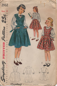 1940's Simplicity Girl's One Piece Dress with Tie Back, Skirt and Blouse Pattern - Bust 30" - No. 2932