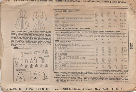 1940's Simplicity Girl's One Piece Dress with Tie Back, Skirt and Blouse Pattern - Bust 30" - No. 2932