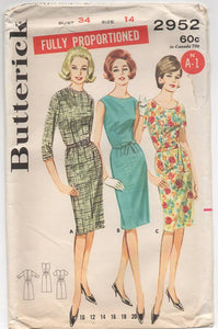 1960's Butterick One Piece Sheath Dress with Jewel Neckline and Three Sleeve Options- Bust 34" - No. 2952