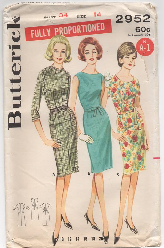 1960's Butterick One Piece Sheath Dress with Jewel Neckline and Three Sleeve Options- Bust 34
