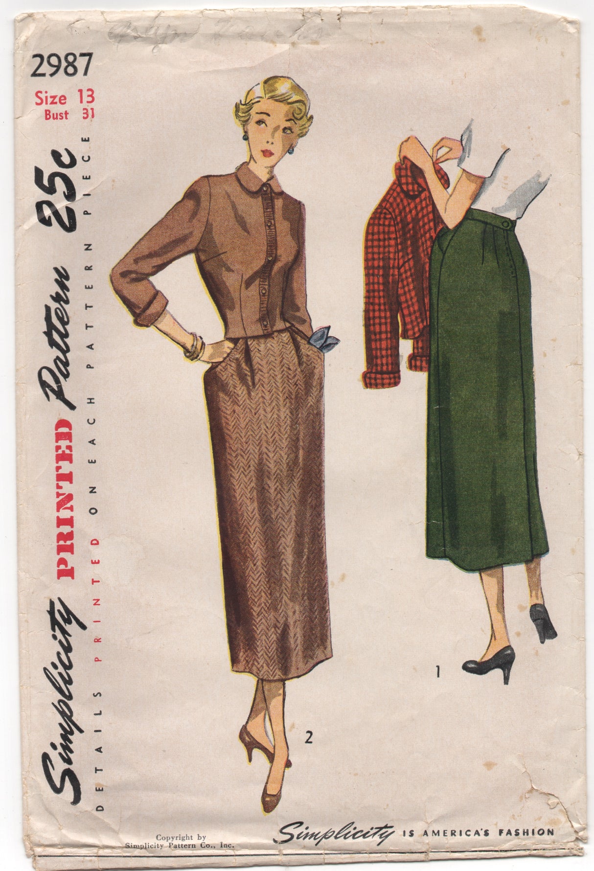 1940's Simplicity Jacket and Straight Skirt with Pockets - Bust 31" - No. 2987