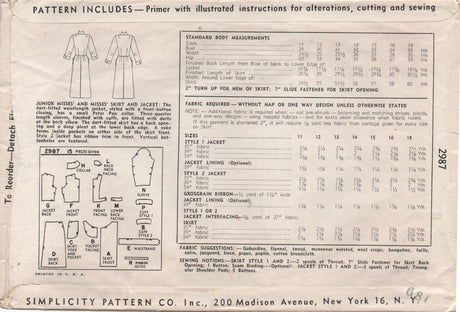 1940's Simplicity Jacket and Straight Skirt with Pockets - Bust 31" - No. 2987