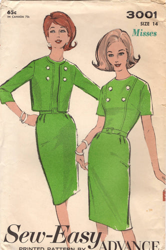 1960's Advance Slim Fit Dress Pattern, Belt and Cropped Bolero Jacket - Bust 34