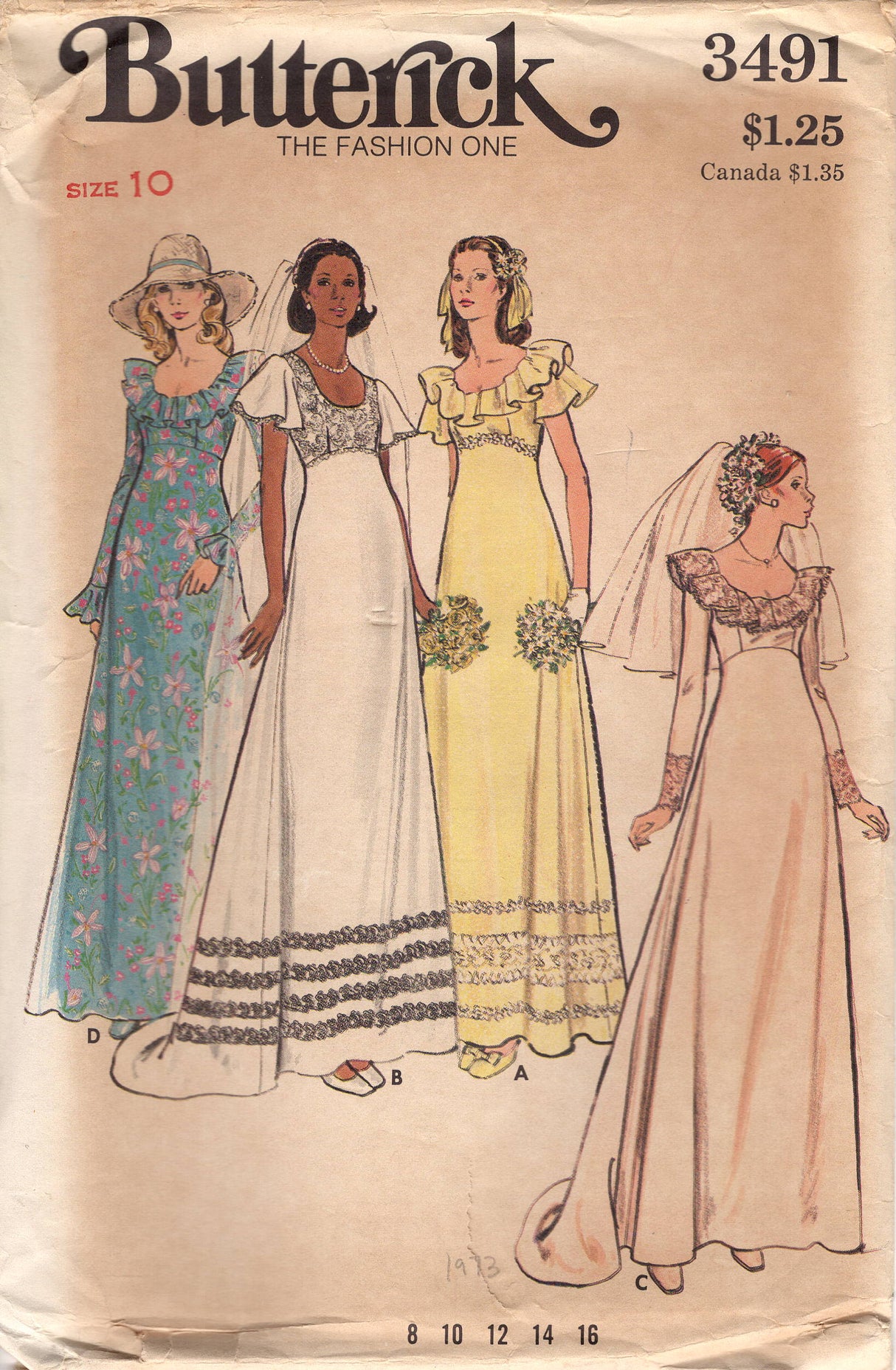 1970's Butterick Bridesmaid or Wedding gowns with Empire Waist and Ruffle Collar - Bust 32.5" - No. 3491