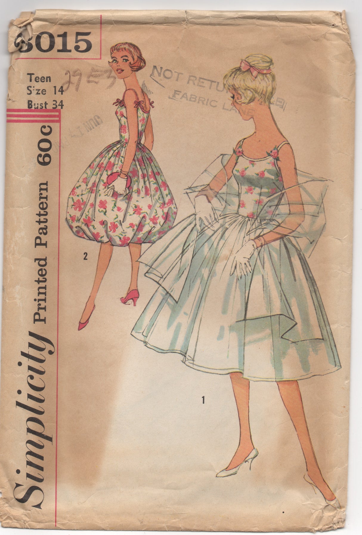 1950's Simplicity One Piece Fit and Flare Dress with Bell Skirt or Full Skirt and Shawl - Bust 34" - No. 3015