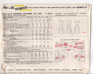 1950's McCall's Fit and Flare One Piece Dress with Wide Fold Over Collar - Bust 30" - No. 3034