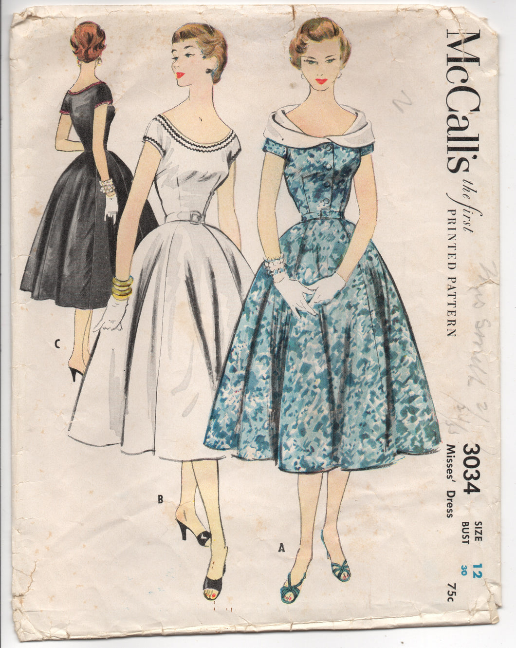 1950's McCall's Fit and Flare One Piece Dress with Wide Fold Over Collar - Bust 30