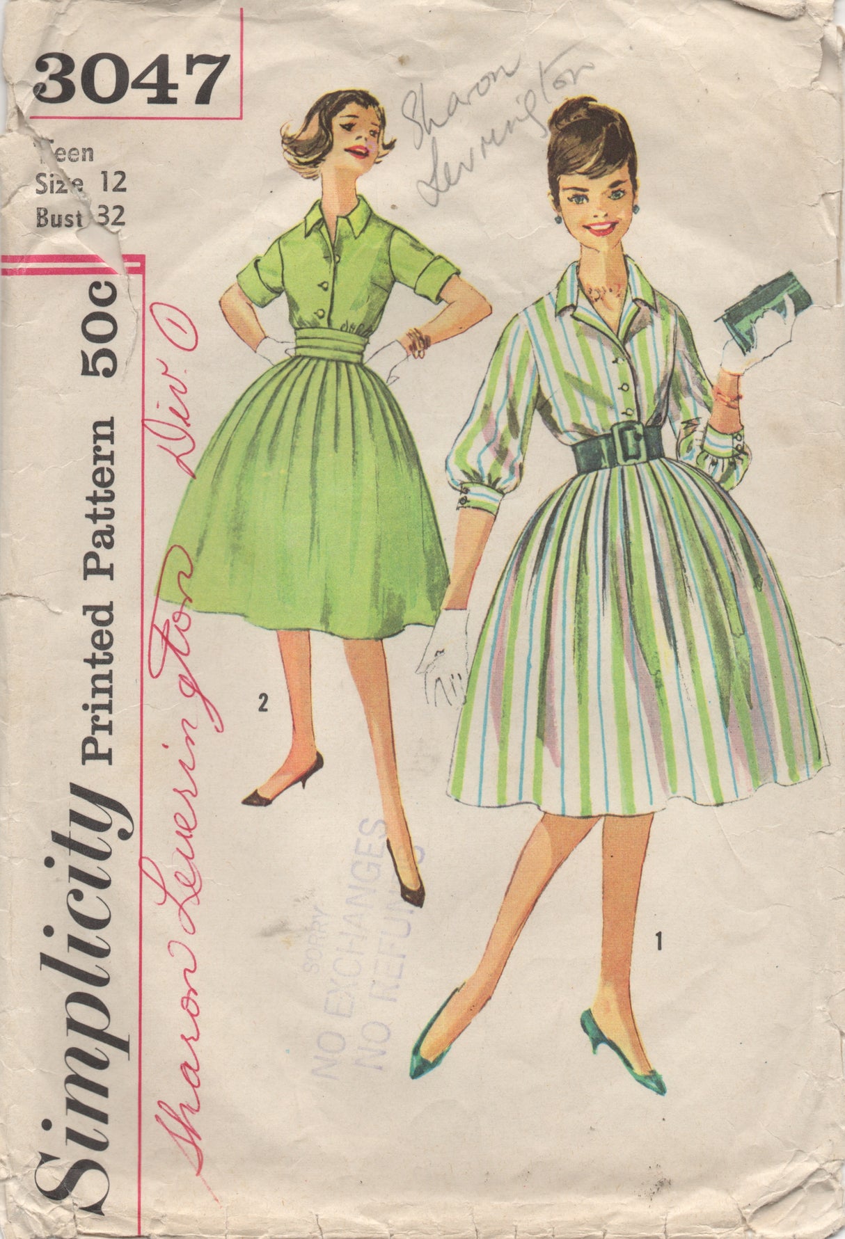 1950's Simplicity One-Piece Shirtwaist Dress with Cummerbund and Two Sleeve Lengths Pattern - Bust 32" - No. 3057