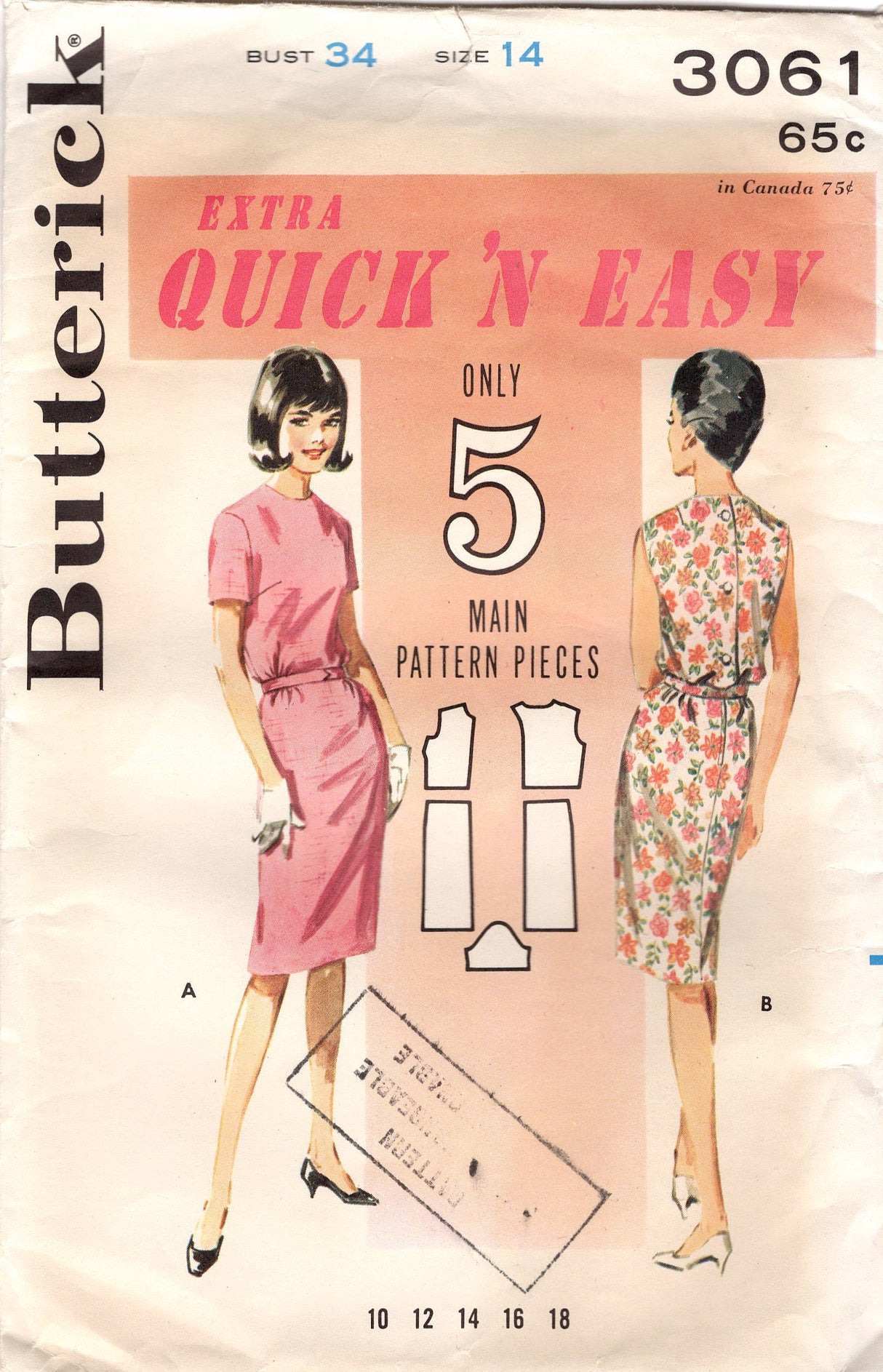 1960's Butterick Sheath Dress Pattern with belt - Bust 34" - No. 3061