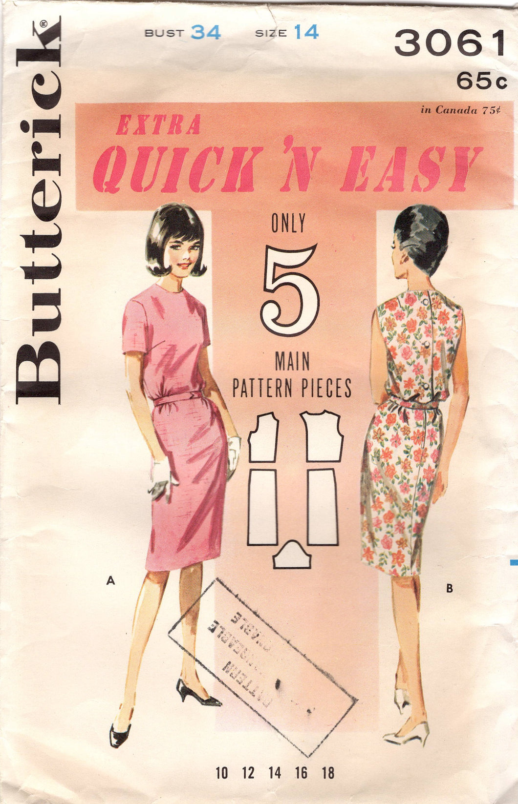 1960's Butterick Sheath Dress Pattern with belt - Bust 34