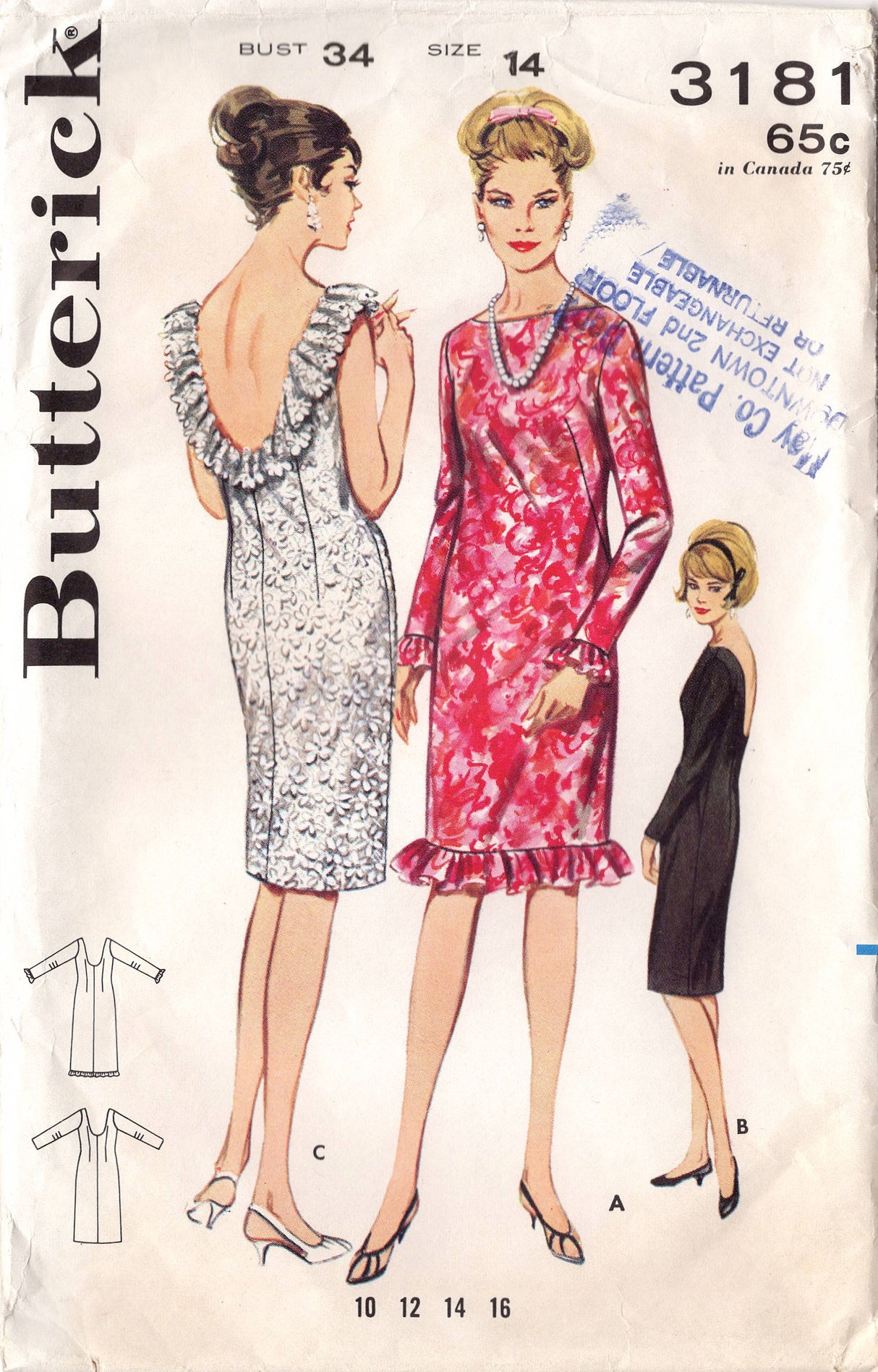 1960's Butterick Sheath Dress Pattern with  deep back and ruffle accent - Bust 34" - No. 3181