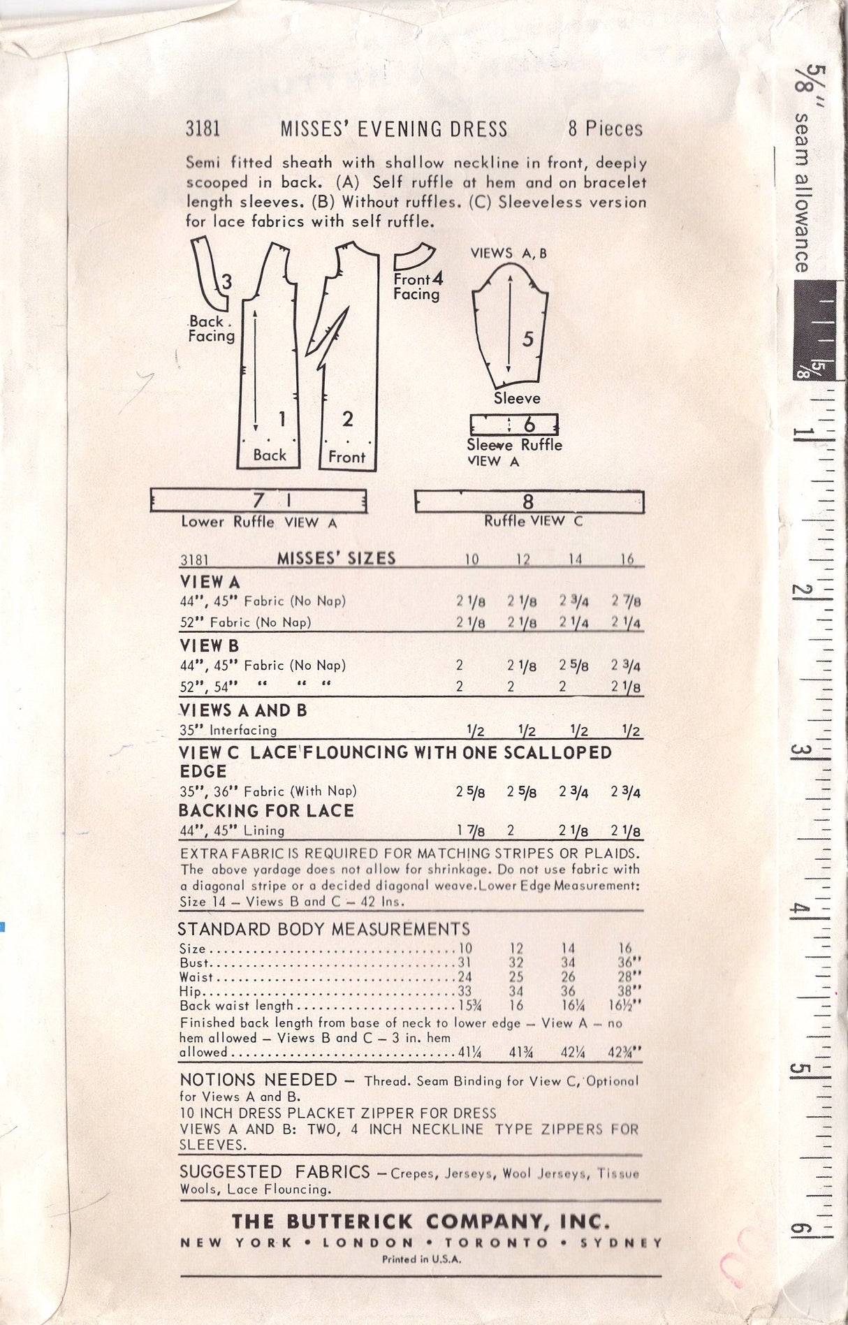 1960's Butterick Sheath Dress Pattern with  deep back and ruffle accent - Bust 34" - No. 3181