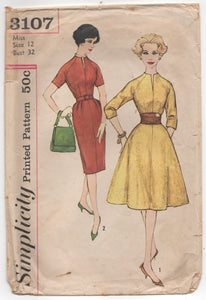 1950's Simplicity One Piece Fit and Flare or Wiggle Dress with Slit Neckline - Bust 32" - No. 3107