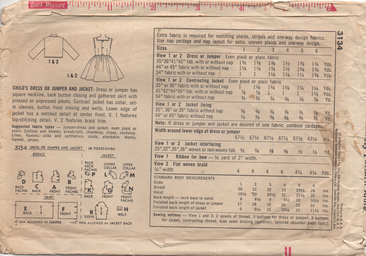 1950's Simplicity Child's One Piece Dress and Jacket - Chest 23.5" - No. 3134