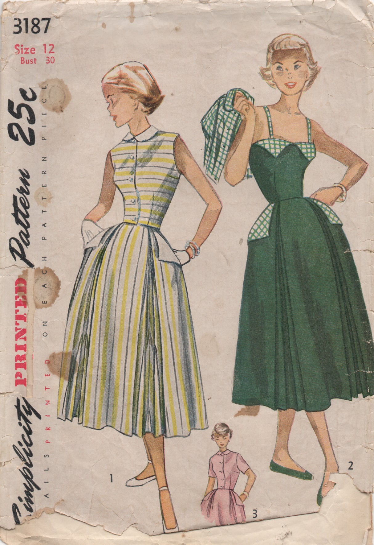 1950's Simplicity One Piece Dress with Flap Accent and Jacket - Bust 30" - No. 3187