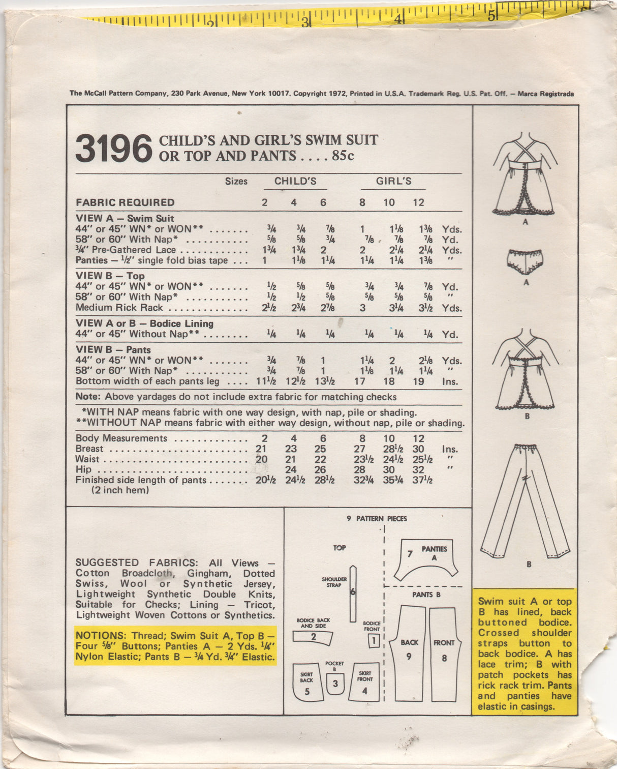 1970's McCall's Girl's One Piece Swimsuit or Top and Pants pattern - Chest 23" - No. 3196