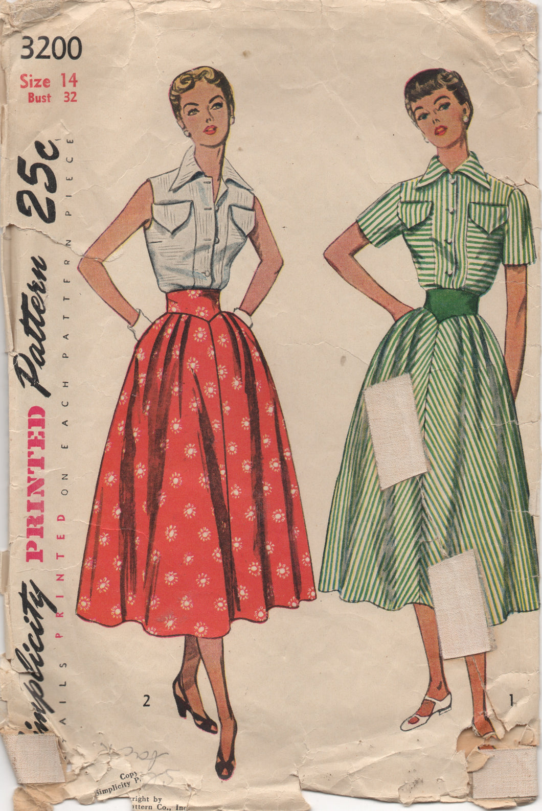 1950's Simplicity Blouse with Pocket Accent and Pleated Skirt - Bust 32