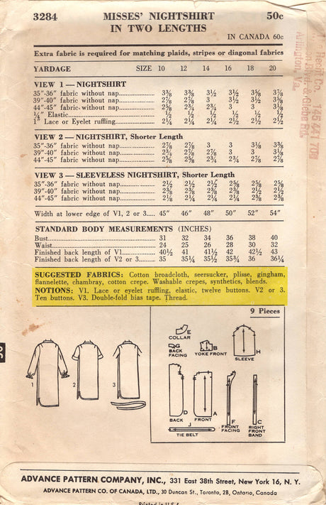 1960's Advance Button Up Night Shirt pattern - Bust 32" - No. 3284