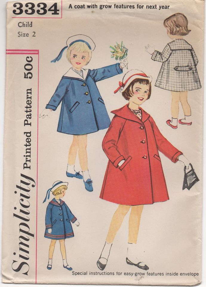 1960's Simplicity Child's Coat with Detachable Sailor Collar - Chest 21" - No. 3334