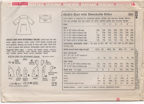 1960's Simplicity Child's Coat with Detachable Sailor Collar - Chest 21" - No. 3334