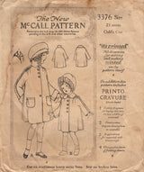 1920's McCall Child's Coat Pattern with Straight or Round Collar - Chest 22" - No. 3376