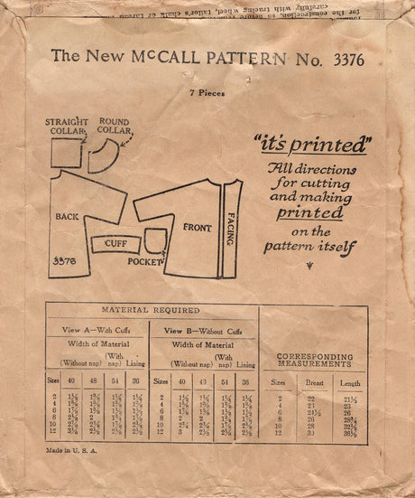 1920's McCall Child's Coat Pattern with Straight or Round Collar - Chest 22" - No. 3376