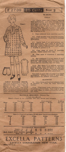 1920's Excella Child's Slip-On Yoked Dress Pattern and Bloomers - Chest 26
