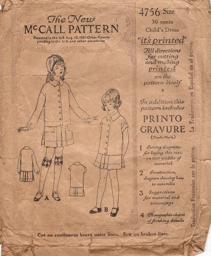 1920's McCall Child's Drop Waist Button Up Dress Pattern - Chest 23