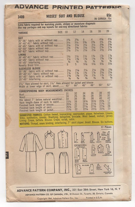 1960's Advance Two Piece Suit with Blouse Pattern - Bust 32" - UC/FF - No. 3409