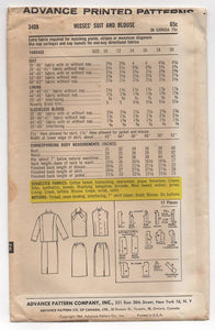 1960's Advance Two Piece Suit with Blouse Pattern - Bust 32" - UC/FF - No. 3409