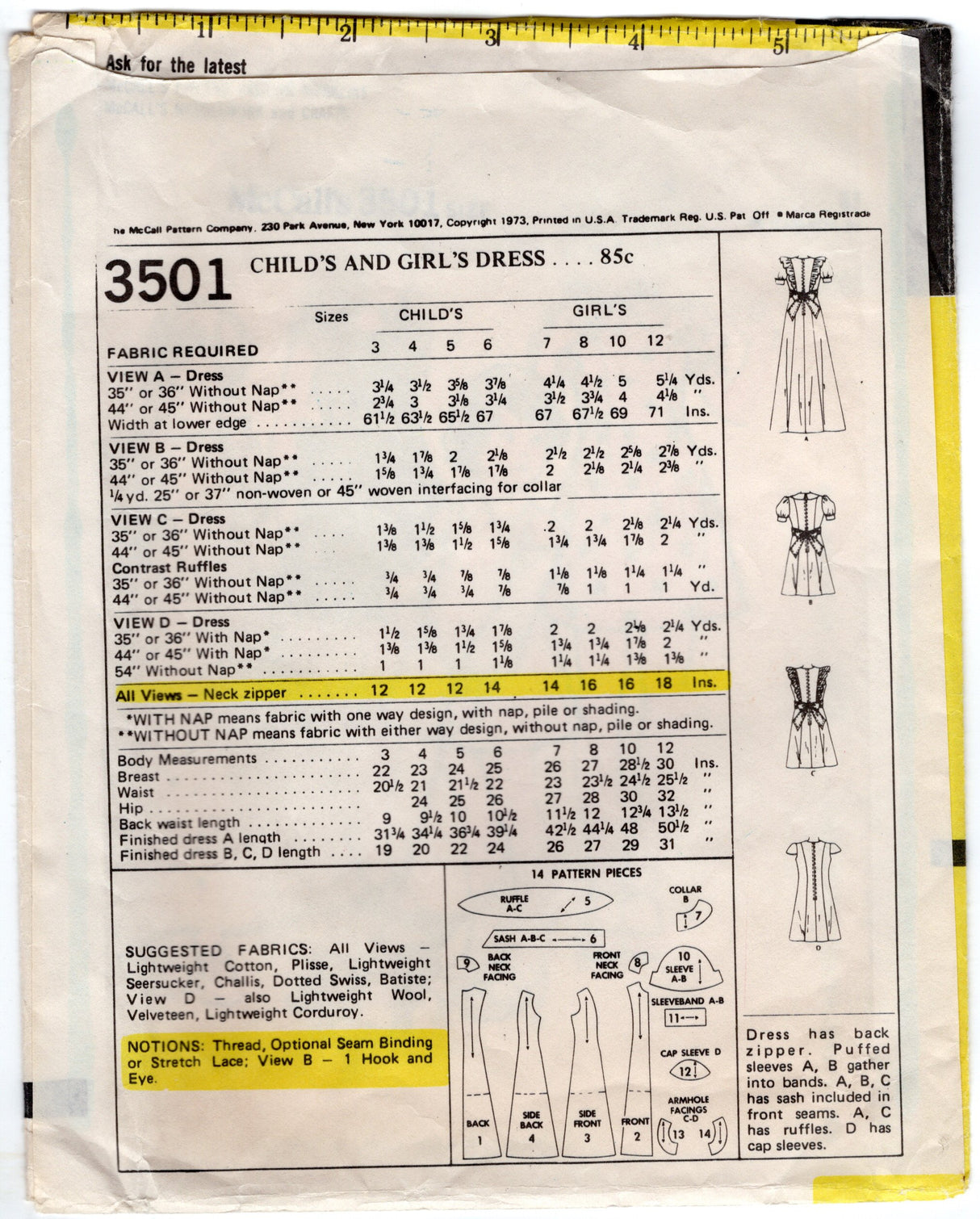 1970's McCall's Child's Maxi or Tunic Princess line Dress with Ruffle Accent and Juliet or Puff Sleeve pattern - Chest 24" - No. 3501