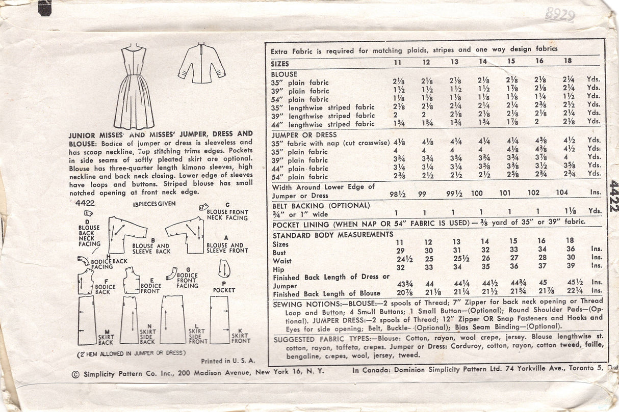 1950's Simplicity Fit and Flare Dress Pattern and Dolman Sleeve Blouse - Bust 30" - No. 4422