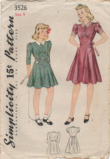 1930's Simplicity Girl's One Piece Dress with Raised Skirt Panel - Chest 26" - No. 3526