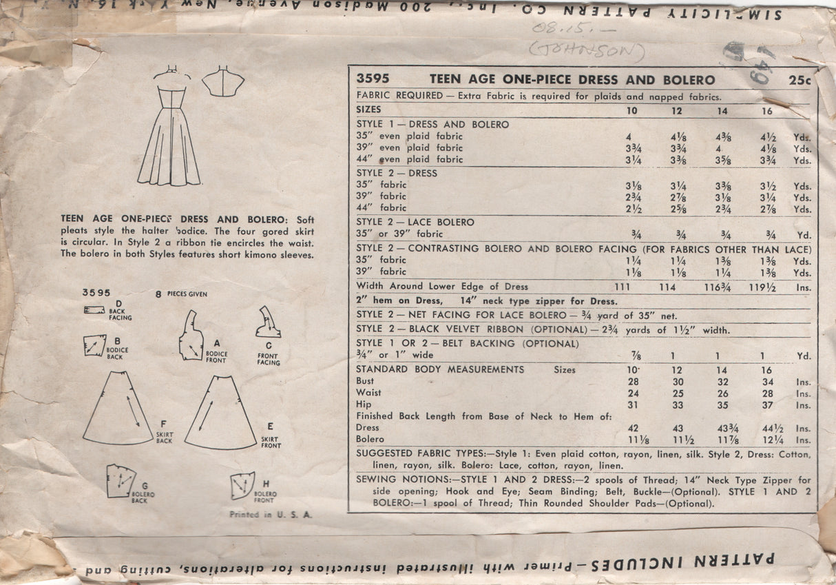 1950's Simplicity Junior's Sweetheart Neckline Halter Dress Pattern - Bust 30" - No. 3595