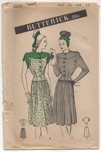 1940's Butterick Suit Dress with Detailed Bodice and Gathered Skirt - Bust 34" - No. 3599