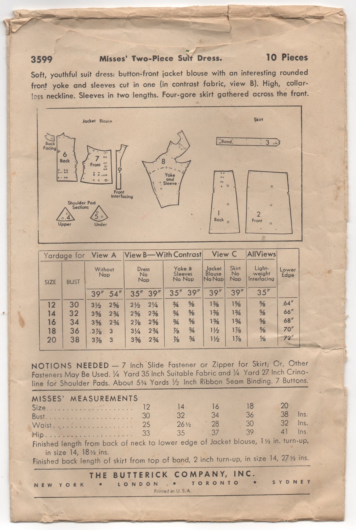 1940's Butterick Suit Dress with Detailed Bodice and Gathered Skirt - Bust 34" - No. 3599