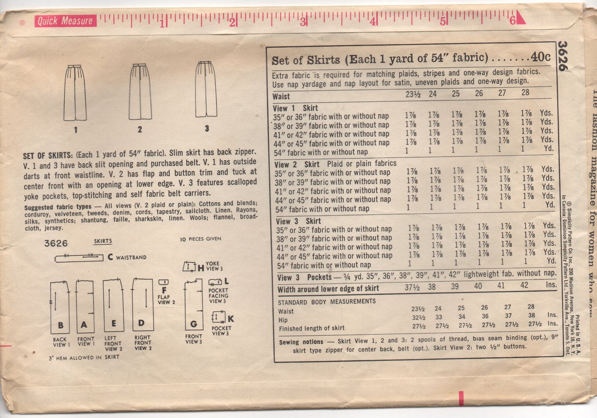 1960's Simplicity Slim Skirt with 3 Pocket Styles - Waist 25" - No. 3626