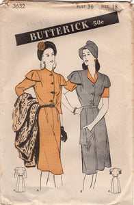 1940's Butterick One Piece Shirtwaist Dress with Cape Sleeve & Exterior darts - Bust 36" - No. 3632