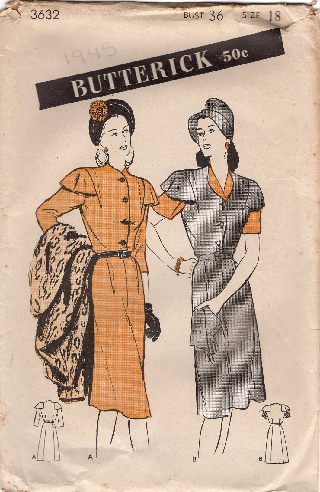 1940's Butterick One Piece Shirtwaist Dress with Cape Sleeve & Exterior darts - Bust 36