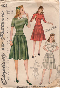 1940's Simplicity One Piece Dress Pattern with Drop Waist Gathered Skirt and Peter Pan Collar - Bust 31" - No. 4127