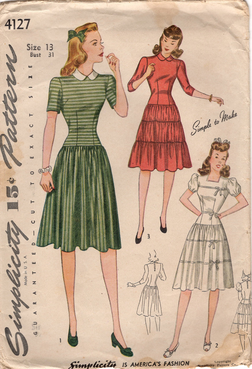 1940's Simplicity One Piece Dress Pattern with Drop Waist Gathered Skirt and Peter Pan Collar - Bust 31