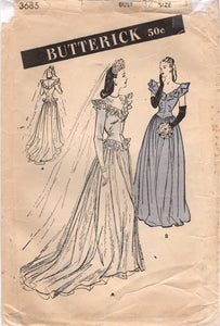 1940’s Butterick Wedding Gown or Evening Gown pattern with Deep V Neck or Large Yoke and Ruffle Accent - Bust 32” - No. 3685