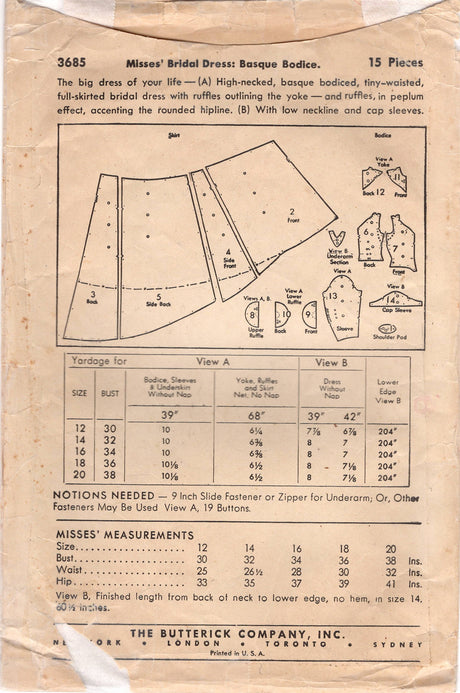 1940’s Butterick Wedding Gown or Evening Gown pattern with Deep V Neck or Large Yoke and Ruffle Accent - Bust 32” - No. 3685